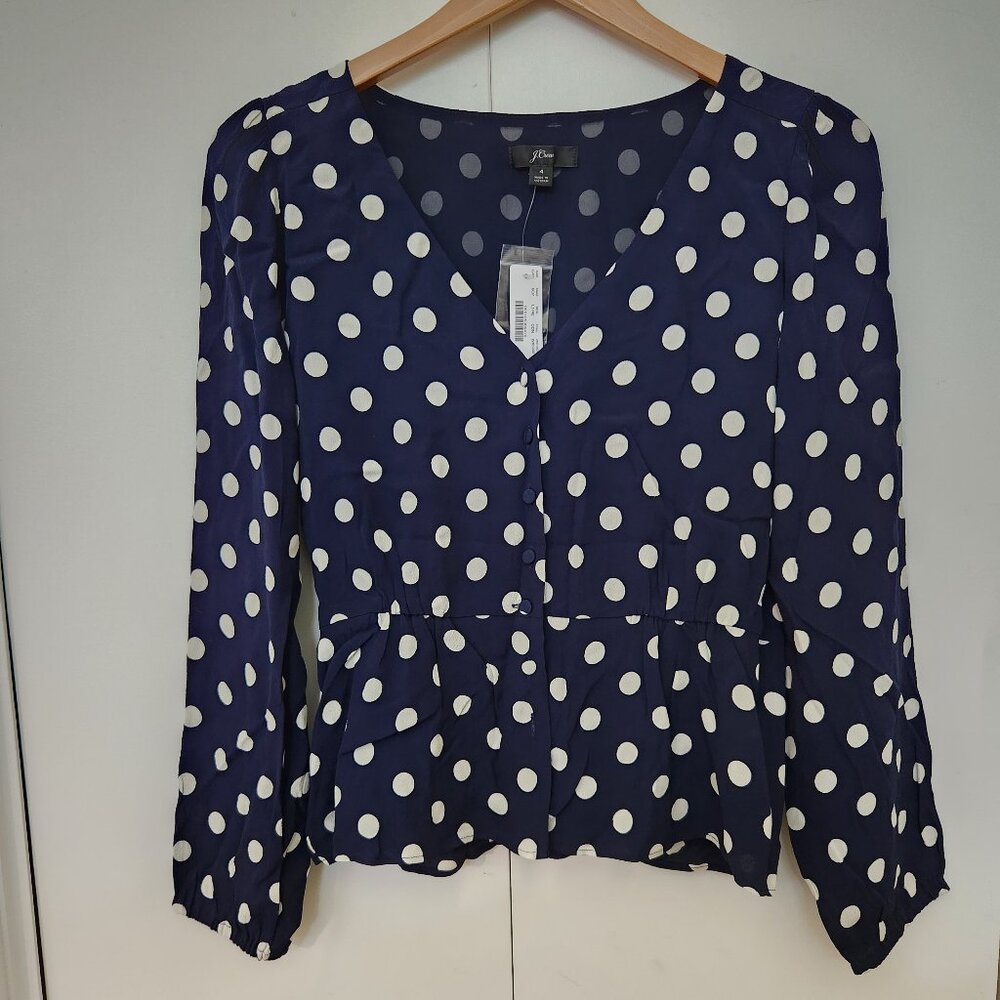 J.Crew Long-sleeve Crepe Peplum Top in Navy Blue & White Polka Dots Size 4